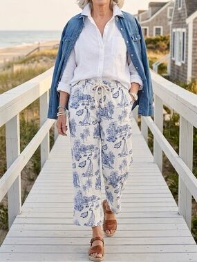 Cynthia Rowley 100% Cotton All Over Embroidered Coastal Toile Pants - EUC